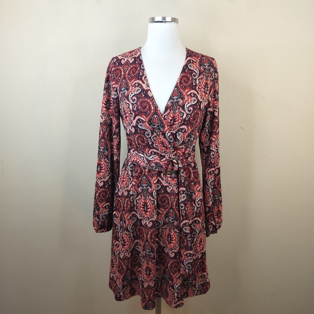 Anthropologie Mave Paisley Wrap Dress Small Belted Long Sleeve Boho Red Black